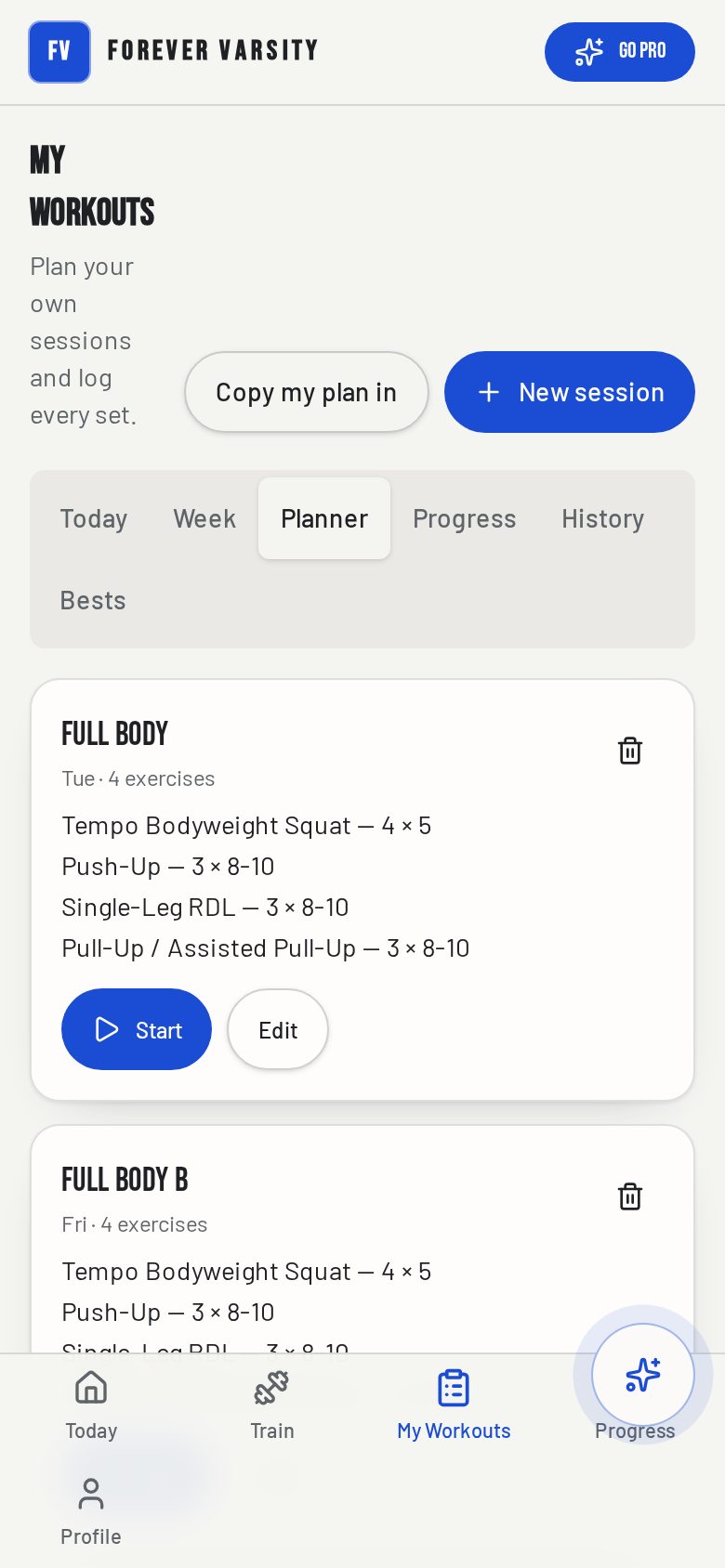 Session planner with exercises, sets and reps