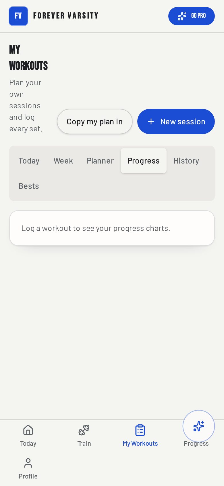 Progress charts for workouts and weekly volume
