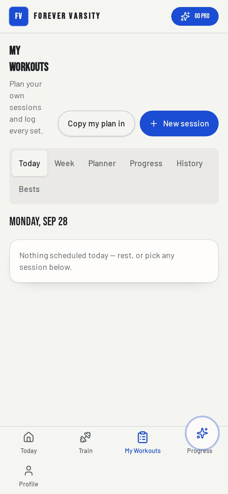 Today view with the day's planned sessions