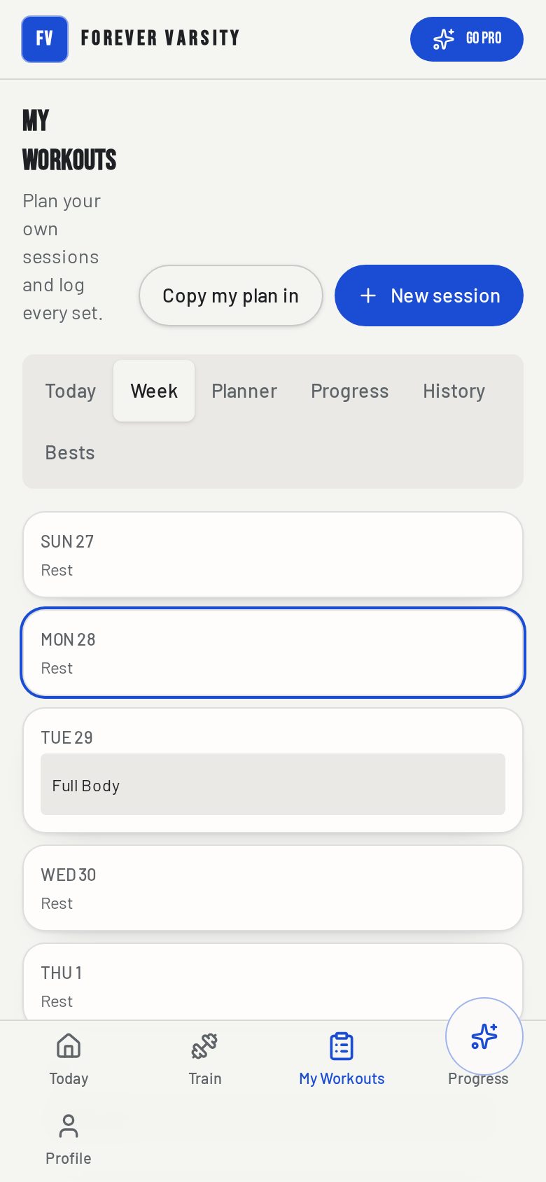 Week view showing planned and finished days
