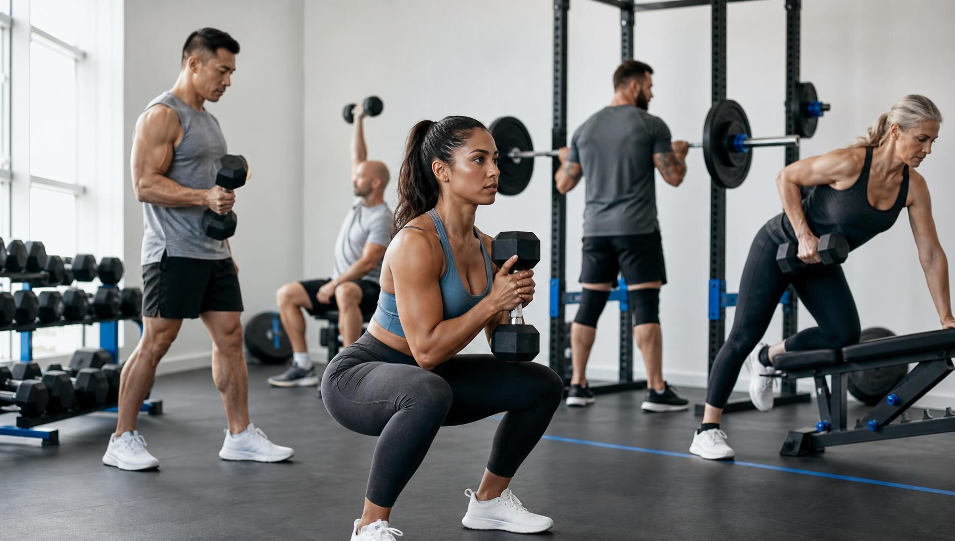 Everyday athletes strength training in a bright, minimal gym
